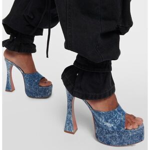 NEW AMINA MUADDI Dalida Blue Denim Square Open Toe Platform Pumps Size E…